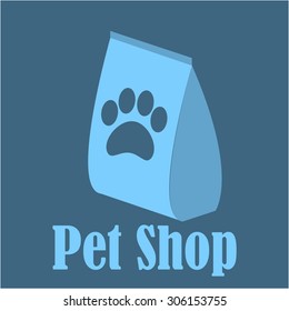 Colored background with a bag of food for pets. Vector illustration
