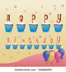 a colored background with balloons, cupcakes and text for a birthday party