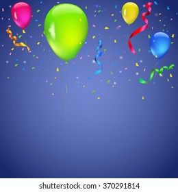 Colored background with balloons, garlands of colored flags, streamers and confetti. Holiday greeting card for Christmas, new year, birthday or anniversary. Template for your inspiration