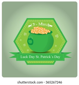 Colored background with a banner with text and a money pot for patrick's day