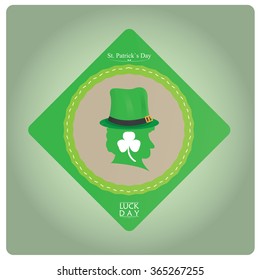 Colored background with a banner with text and a traditional elf for patrick's day