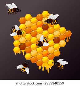 Colored background with bees and honeycombs.Vector illustration with honeycombs and bees on a colored background.