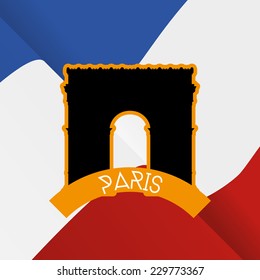 a colored background with a black silhouette of the arc of triumph and text