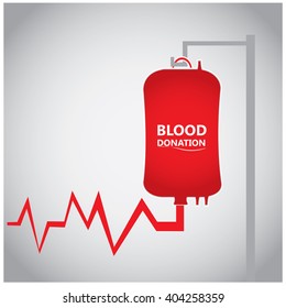 Colored background with a cardiogram and a blood bag with text