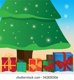 Colored background with a christmas tree and presents