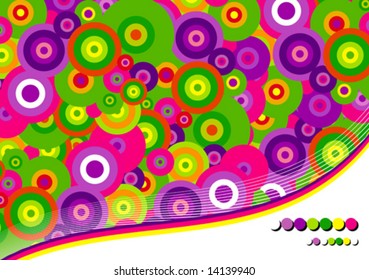 Colored background of circles. White Wave bottom. VECTOR (See Jpeg Also In My Portfolio)