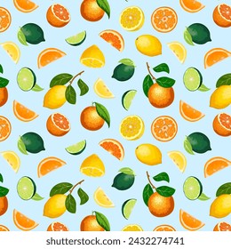 Colored background with citrus fruits.Vector seamless pattern with lemons, oranges and limes on a blue background.