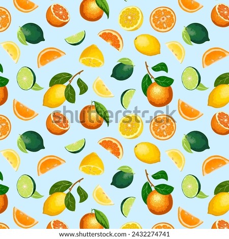 Colored background with citrus fruits.Vector seamless pattern with lemons, oranges and limes on a blue background.
