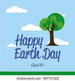 Colored background with clouds, text and an abstract tree for earth day
