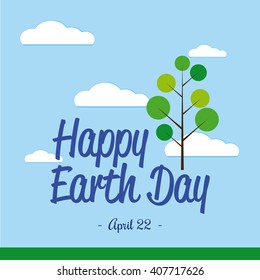 Colored background with clouds, text and an abstract tree for earth day
