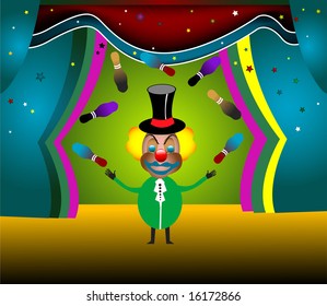 Colored background with clown playing with skittles on a stage