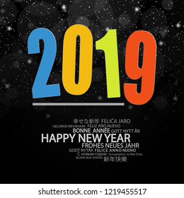 colored background concept for New Year 2019 greetings with falling snow