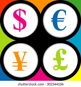 Colored background with the currency signs of Dollar, Euro, Pound and Yen.