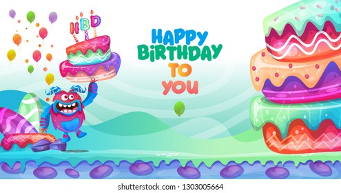 Colored background with cute monster and ornaments for birthday party. Vector illustration - Vector