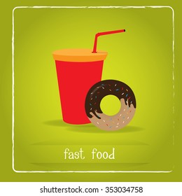 Colored background with a donut, a soda and text