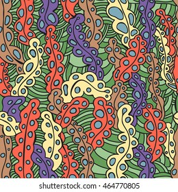Colored background Doodle style: leaves, spores, strips
