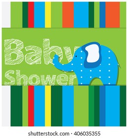 Colored background with an elephant toy and text for baby showers