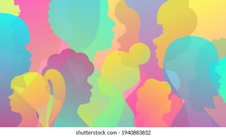 Colored background from female silhouettes. Concept for diversity, feminism, international women's day. Vector stock illustration. 