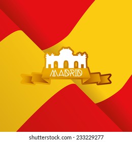 a colored background with the flag of Spain and the door of Alcala