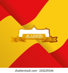 a colored background with the flag of Spain and the royal palace in Madrid