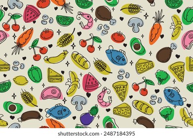 Colored background with food. Fish, watermelon, pizza, steak, shrimp, mushroom, carrot, bread, cheese, eggplant, tomato.