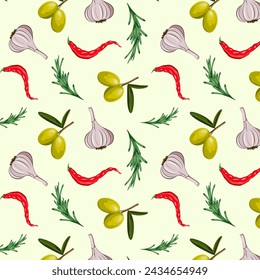 Colored background with food.Vector seamless pattern with garlic, rosemary, olives and hot pepper on a color photo.