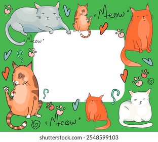 A colored background or frame with cute cats from a set of vector cartoon characters in different poses. Wallpaper, paper, packaging, interior design and fashion accessories