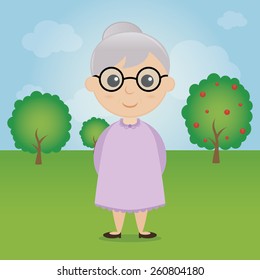 a colored background with a grandmother and trees