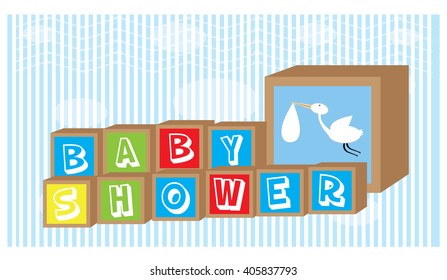 Colored background with a group of cube toys and a stork