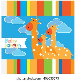 Colored background with a group of giraffes and clouds 