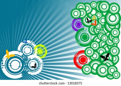 Colored background with grunge circles and colored butterflies