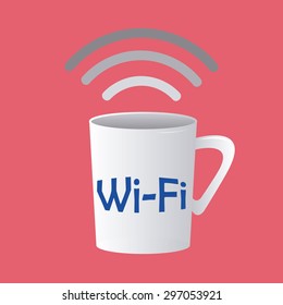 Colored background with an isolated coffee mug for wifi hotspots. Vector illustration