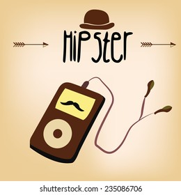 a colored background with an isolated music player, arrows, text and a hat