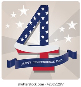 Colored background with an isolated number, stars and a ribbon with text for independence day celebrations