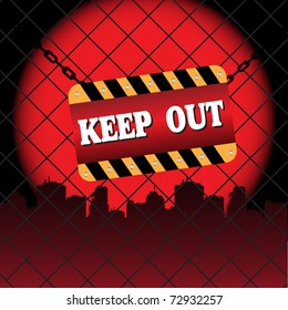 Colored background with keep out sign hanging on a fence from wire