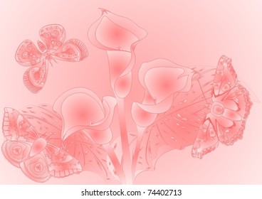 Colored background on which the butterflies around a flower