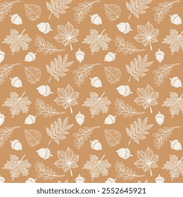 Fundo colorido com folhas contorno.Vetor padrão sem costura com folhas outonal contorno em um fundo colorido.