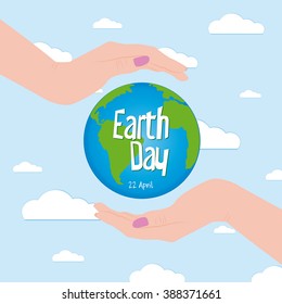 Colored background with a pair of hands holding our planet for earth day