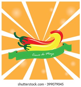 Colored background with a pair of peppers and a ribbon with text