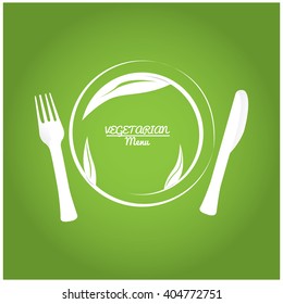 Colored background with a pair of silhouettes of silverwares and a dish