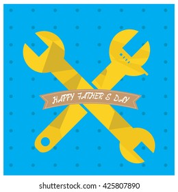 Colored background with a pair of wrenches and a ribbon with text for father's day celebrations