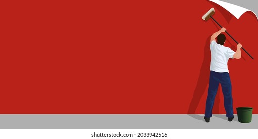 Colored background for a presentation with a man painting a wall to create a red background.