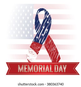 Colored background with a ribbon with text, a peace symbol and the american flag for memorial day