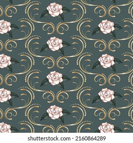 Colored background with roses and ornament.Bouquet of elegant roses with decor on a white background in a vector pattern.