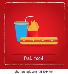 Colored background with a sandwich, a soda and french fries