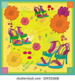 A colored background with shoes and flowers. Bright vector illustration.