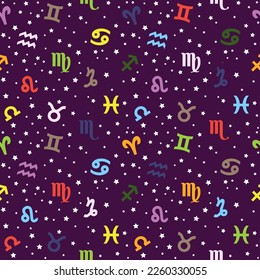 Colored Background with signs of the zodiac. Astrology seamless pattern with zodiac signs