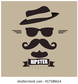 Colored background with silhouettes of a hat, mustache, glasses and a beard