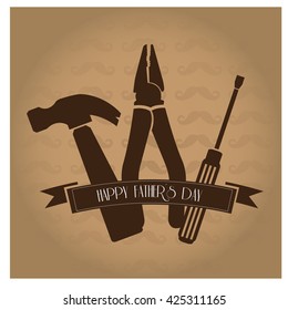 Colored background with silhouettes of tools and a ribbon with text for father's day celebrations