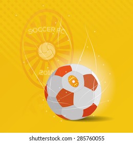 Colored background with a soccer ball and a soccer emblem. Vector illustration
